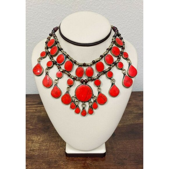 Artisan Jewelry - VTG Estate Artisan Silver & Red Agate Dangle 17” Statement Piece Necklace! 61